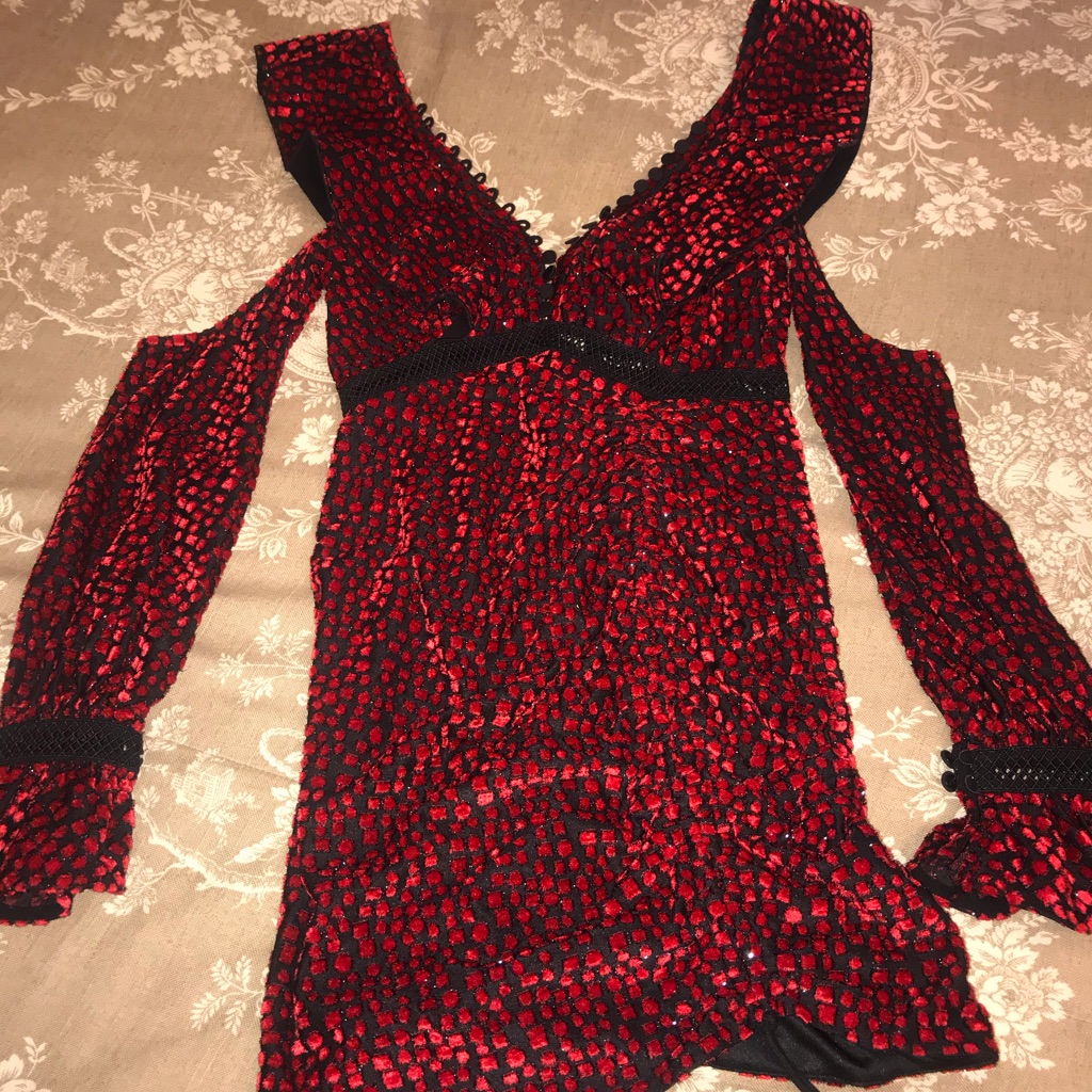 Self Portrait Red Velvet On Black Mini Dress